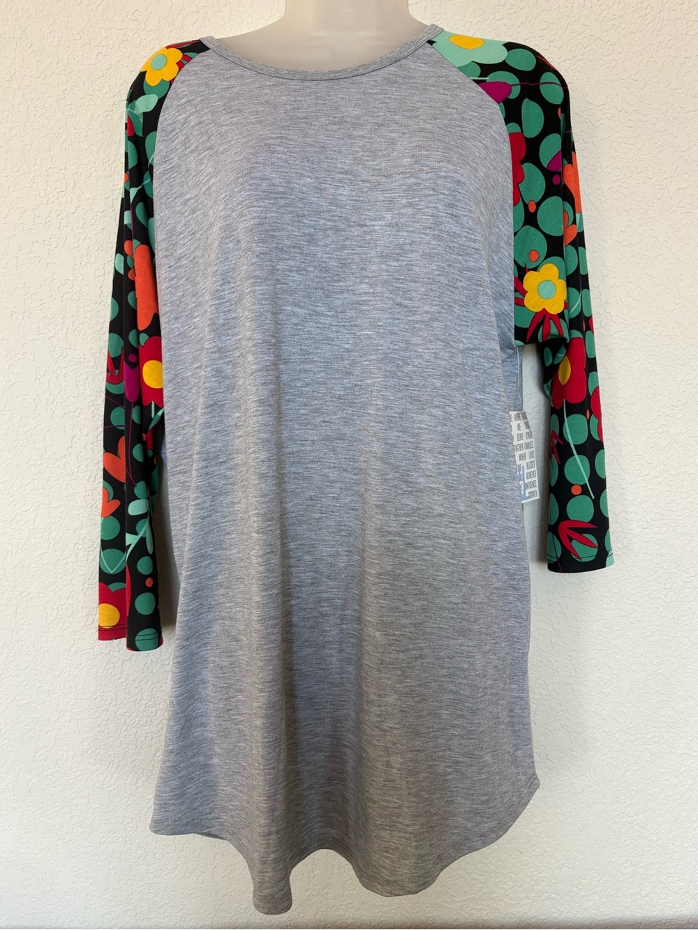LuLaRoe Gray Tunic with Black Floral Dot 3/4 Sleeves